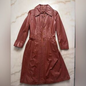 CUBALAN Vintage 70s Genuine Leather Trench Coat Duster Jacket Size 9 Rust